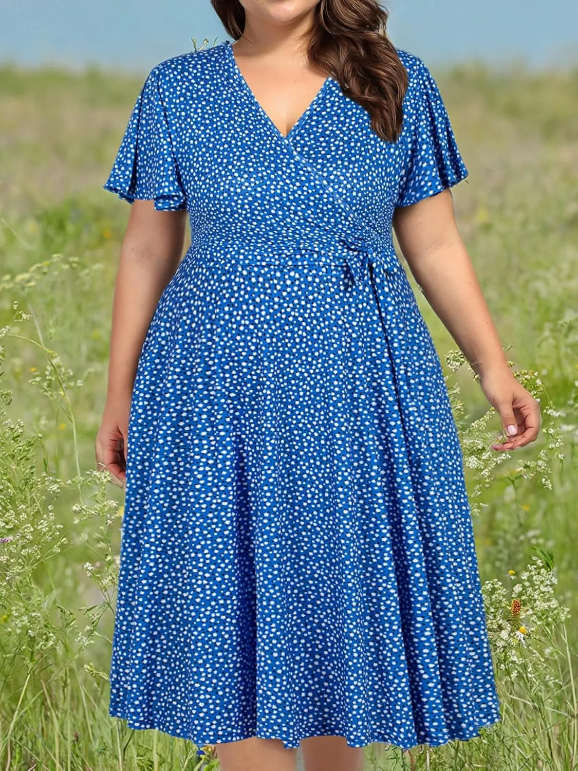 kissmay Plus Size Womens V Neck Floral Cocktail Party Midi Dresses with Pocket