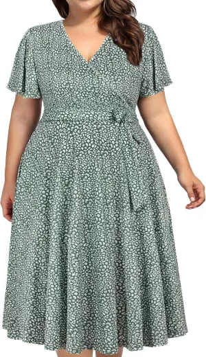 kissmay Plus Size Womens V Neck Floral Cocktail Party Midi Dresses with Pocket