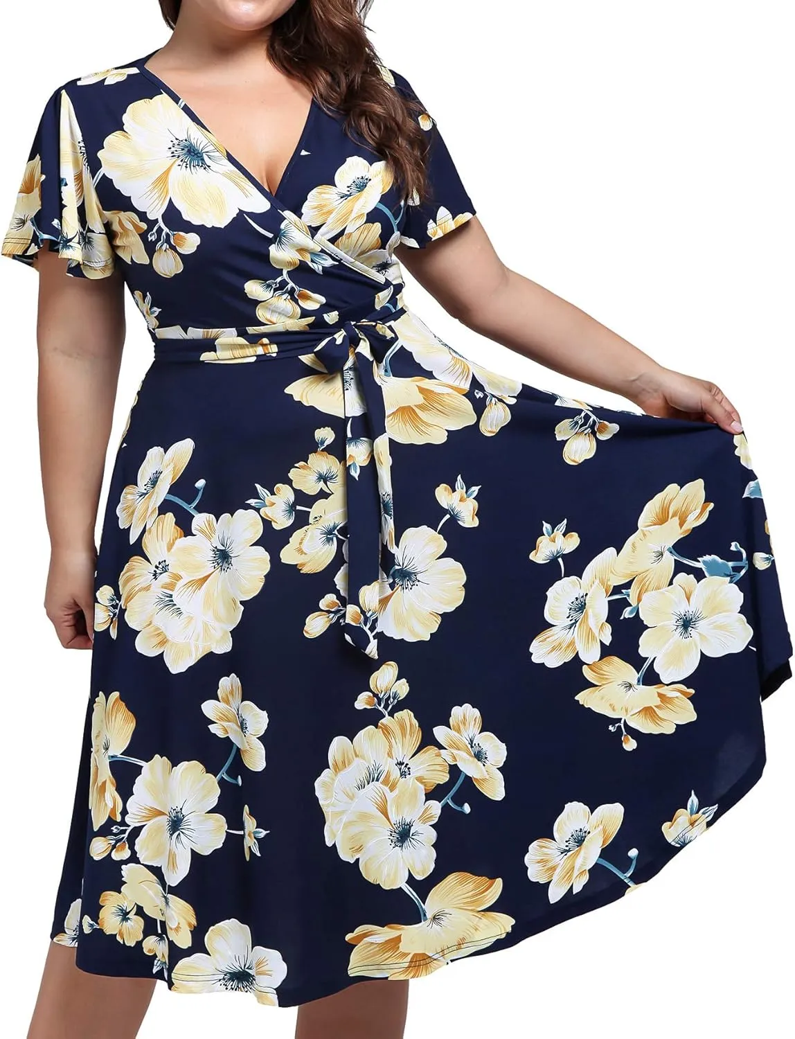 kissmay Plus Size Womens V Neck Floral Cocktail Party Midi Dresses with Pocket