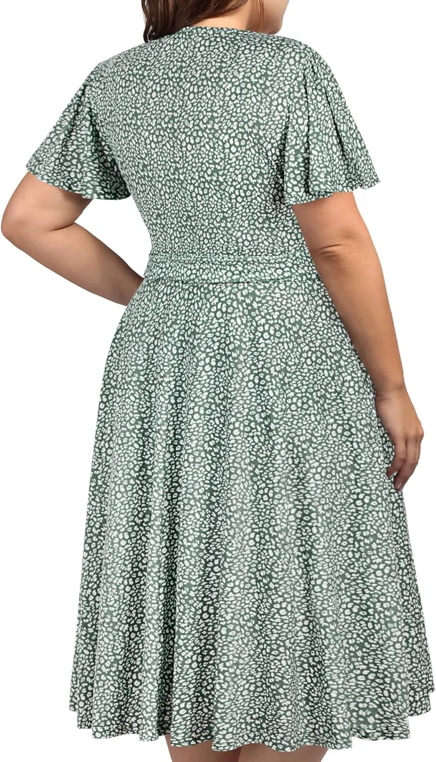 kissmay Plus Size Womens V Neck Floral Cocktail Party Midi Dresses with Pocket