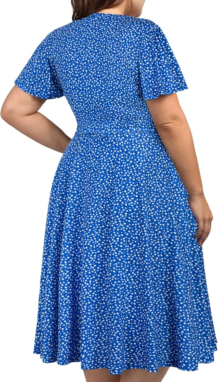 kissmay Plus Size Womens V Neck Floral Cocktail Party Midi Dresses with Pocket