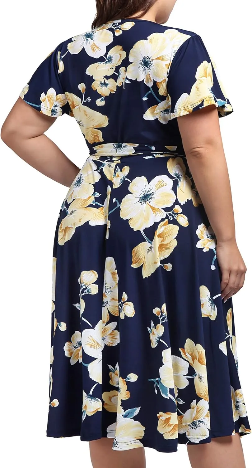 kissmay Plus Size Womens V Neck Floral Cocktail Party Midi Dresses with Pocket