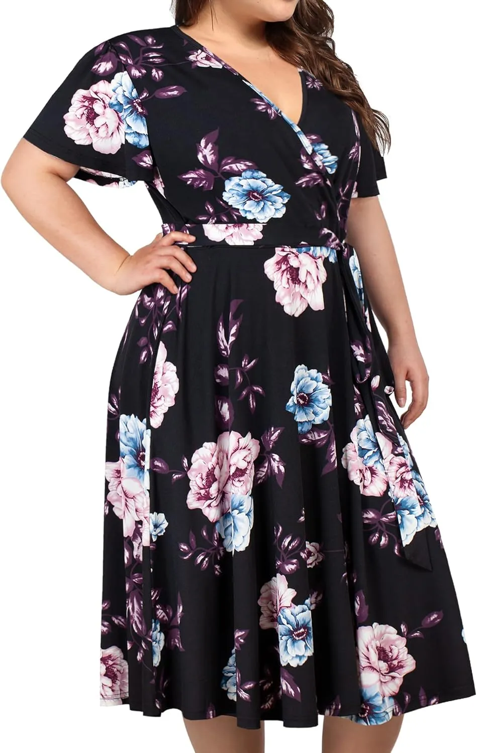 kissmay Plus Size Womens V Neck Floral Cocktail Party Midi Dresses with Pocket