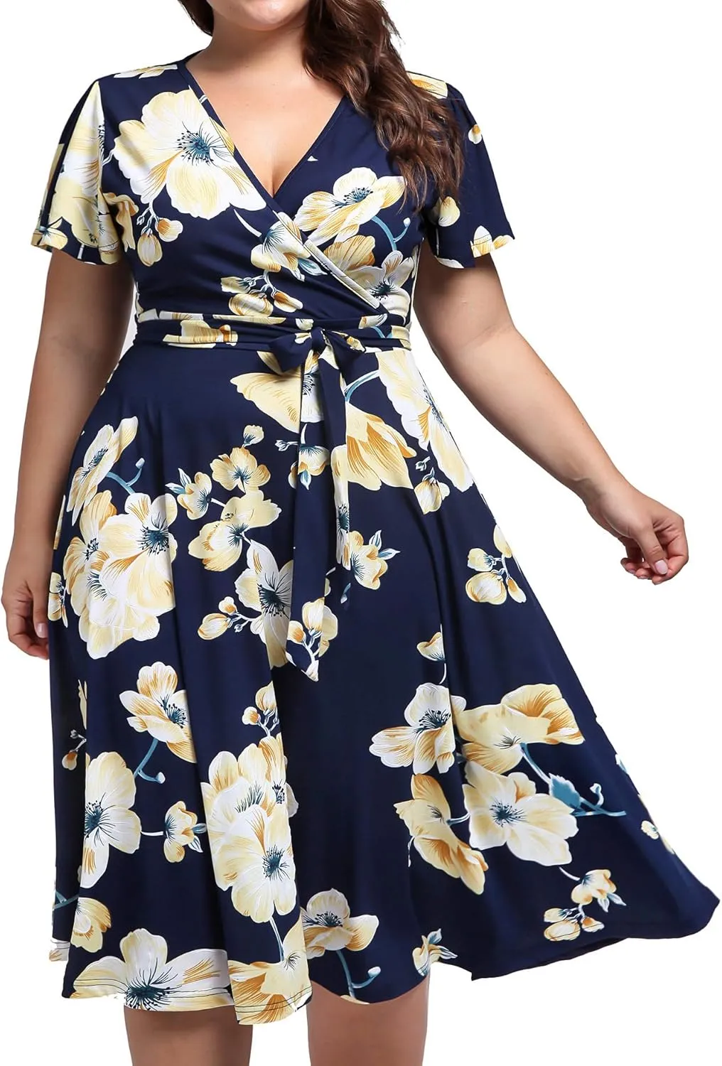 kissmay Plus Size Womens V Neck Floral Cocktail Party Midi Dresses with Pocket