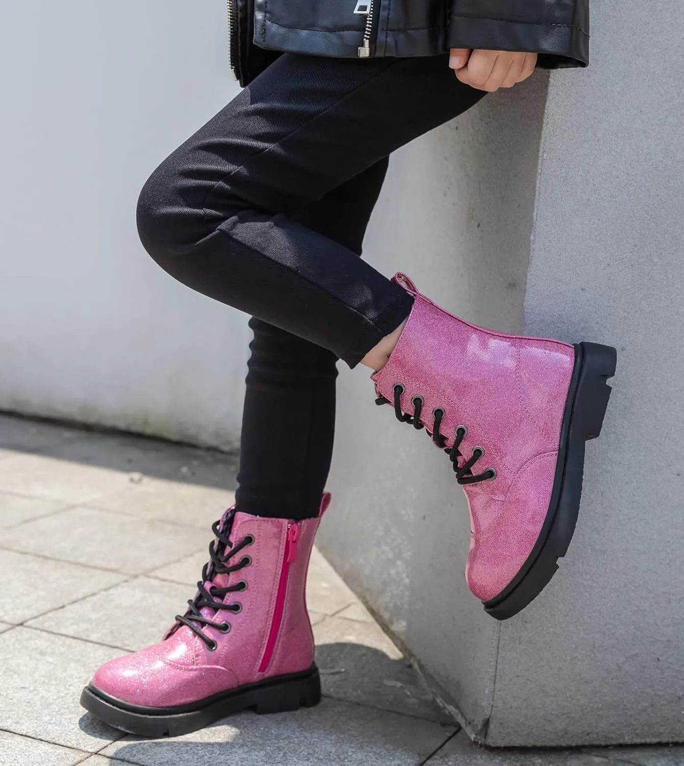 kkdom Boys Girls Waterproof Lace Up Side Zipper Mid Calf Combat Boots(Toddler/Little Kid/Big Kid)