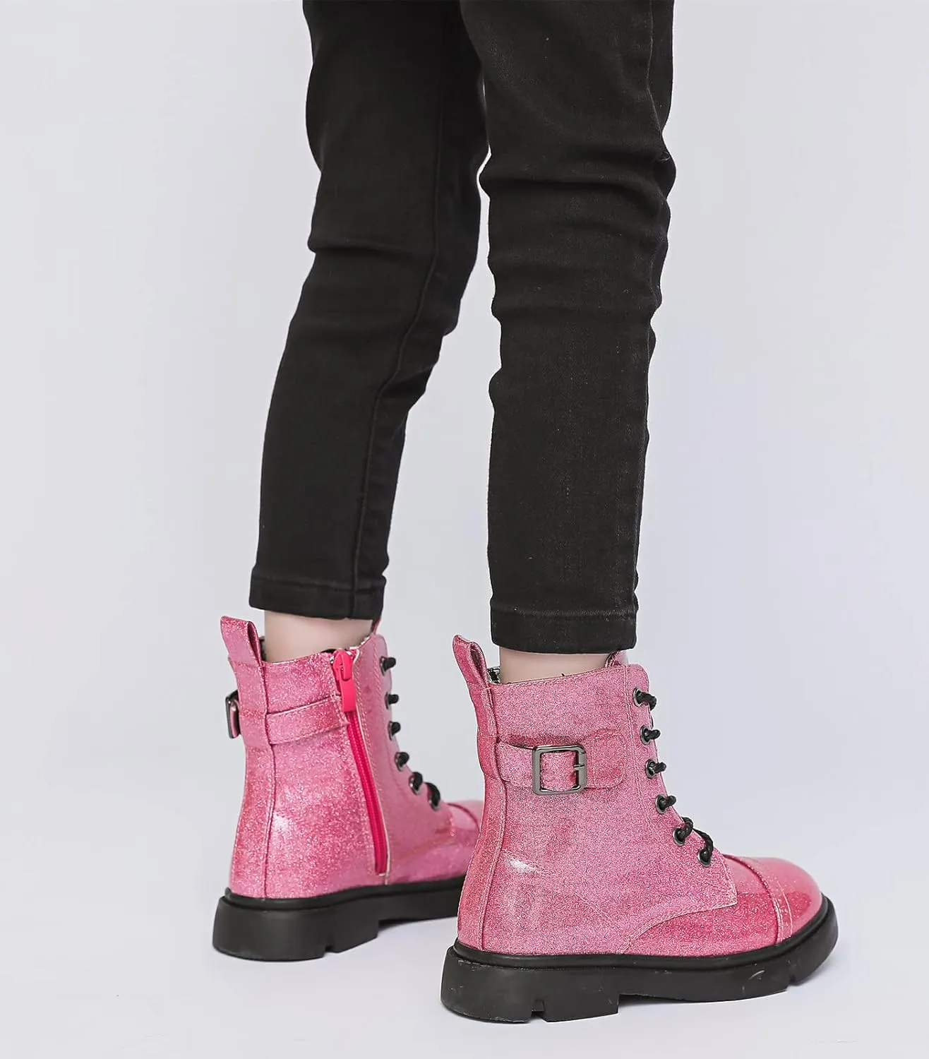 kkdom Boys Girls Waterproof Outdoor Glitter Lace Up Side Zipper Mid Calf Combat Boots(Toddler/Little Kid/Big Kid)