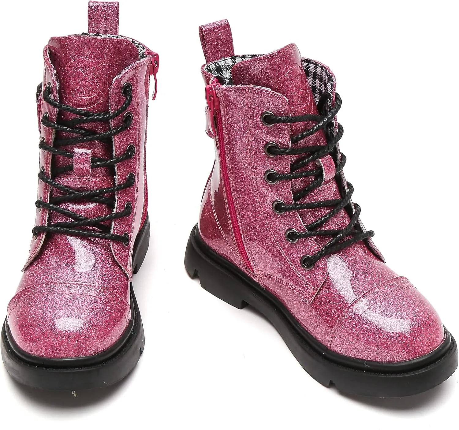 kkdom Boys Girls Waterproof Outdoor Glitter Lace Up Side Zipper Mid Calf Combat Boots(Toddler/Little Kid/Big Kid)
