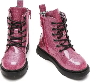 kkdom Boys Girls Waterproof Outdoor Glitter Lace Up Side Zipper Mid Calf Combat Boots(Toddler/Little Kid/Big Kid)