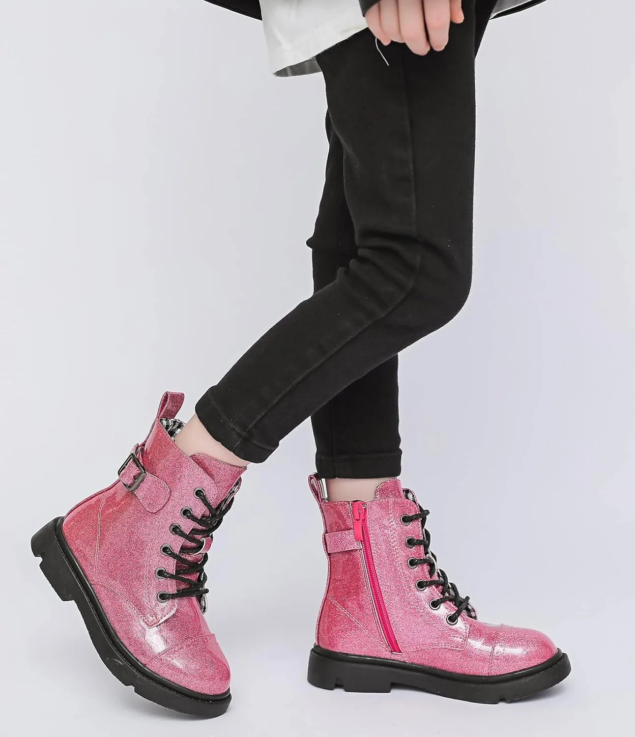 kkdom Boys Girls Waterproof Outdoor Glitter Lace Up Side Zipper Mid Calf Combat Boots(Toddler/Little Kid/Big Kid)