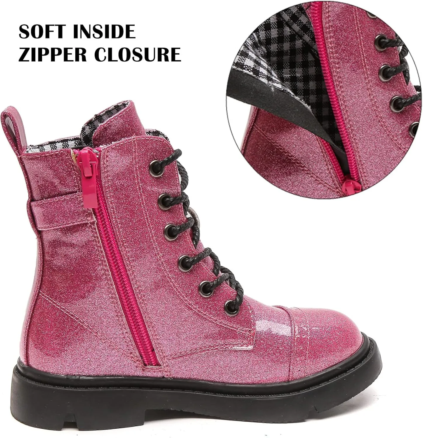 kkdom Boys Girls Waterproof Outdoor Glitter Lace Up Side Zipper Mid Calf Combat Boots(Toddler/Little Kid/Big Kid)