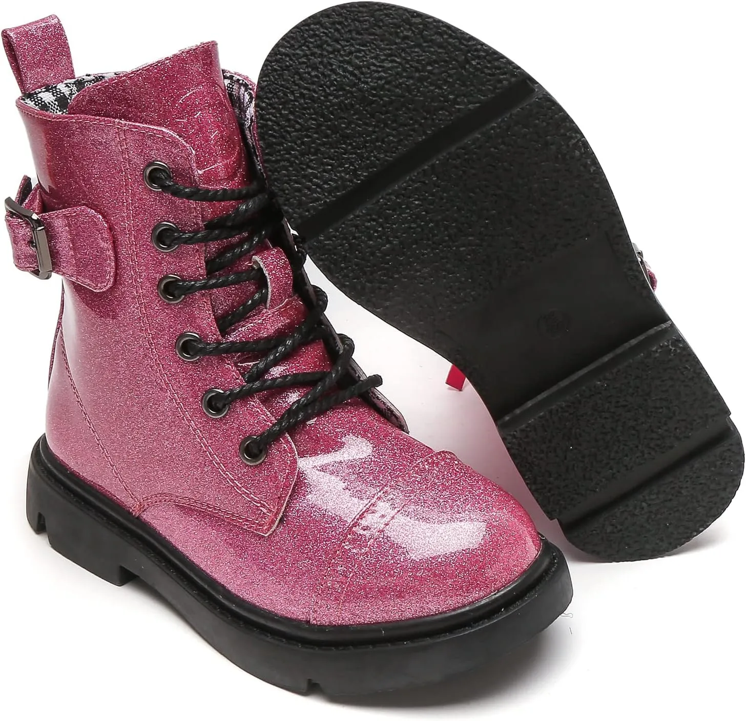 kkdom Boys Girls Waterproof Outdoor Glitter Lace Up Side Zipper Mid Calf Combat Boots(Toddler/Little Kid/Big Kid)