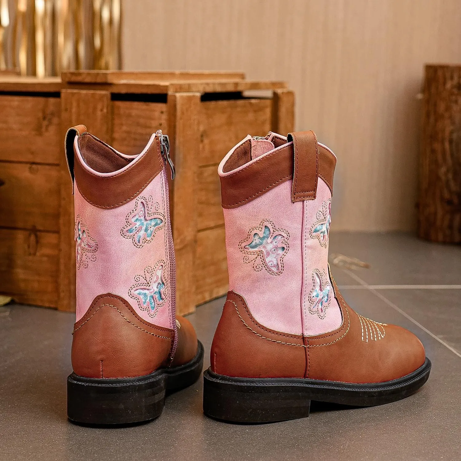 kkdom Toddler Girls Cowgirl Boots Western Glitter Butterfly Embroidery Cowboy Boot Ankle Boots Horse Riding Shoes