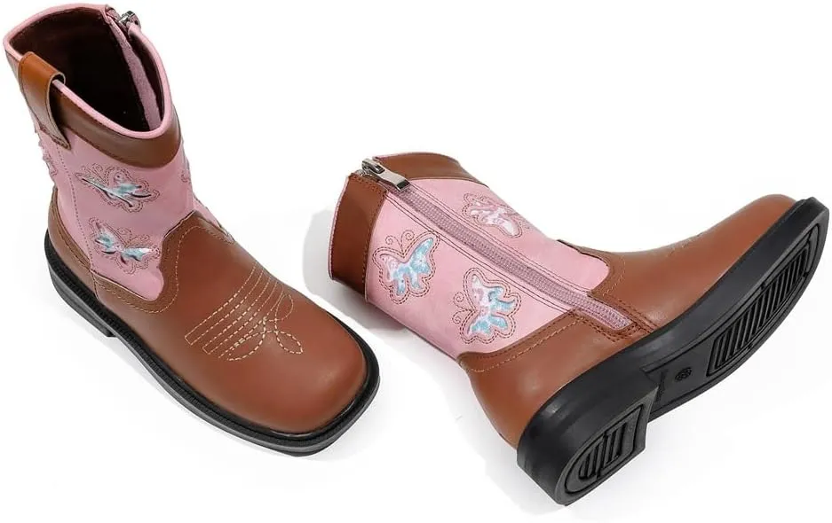 kkdom Toddler Girls Cowgirl Boots Western Glitter Butterfly Embroidery Cowboy Boot Ankle Boots Horse Riding Shoes