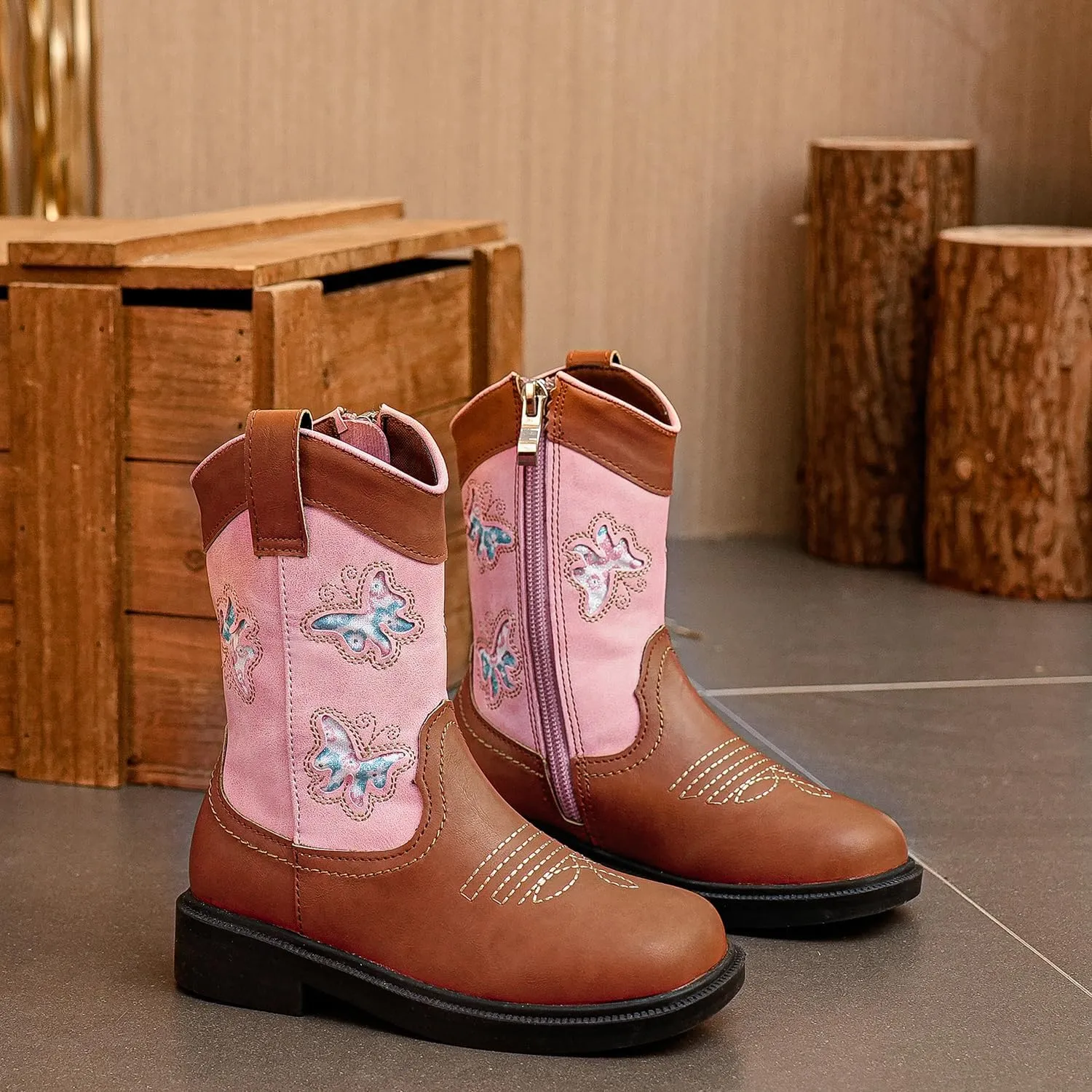 kkdom Toddler Girls Cowgirl Boots Western Glitter Butterfly Embroidery Cowboy Boot Ankle Boots Horse Riding Shoes