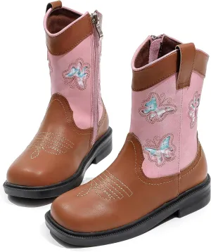 kkdom Toddler Girls Cowgirl Boots Western Glitter Butterfly Embroidery Cowboy Boot Ankle Boots Horse Riding Shoes