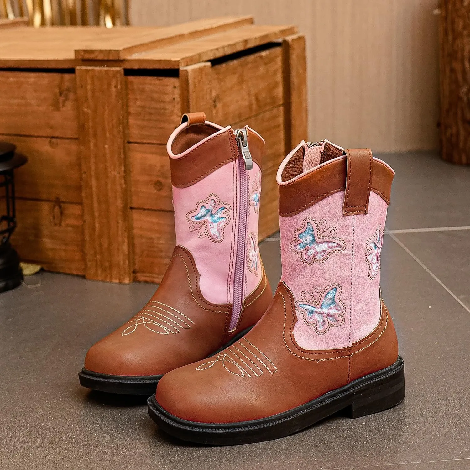 kkdom Toddler Girls Cowgirl Boots Western Glitter Butterfly Embroidery Cowboy Boot Ankle Boots Horse Riding Shoes