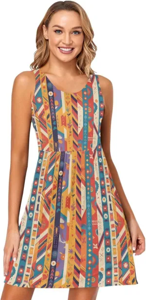KLL Vector Illustration Ukrainian Folk Pattern Womens Short Dresses Swing A-Line Party Tshirt Sundresses Crewneck