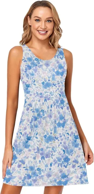 KLL Watercolor Blue Cherry Blossom Womens Beach Vacation Dresses Swing A-Line Holiday Tshirt Sundresses Summer