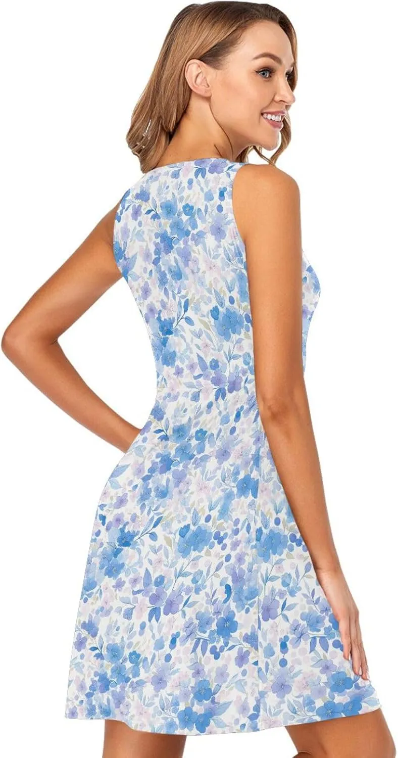 KLL Watercolor Blue Cherry Blossom Womens Beach Vacation Dresses Swing A-Line Holiday Tshirt Sundresses Summer