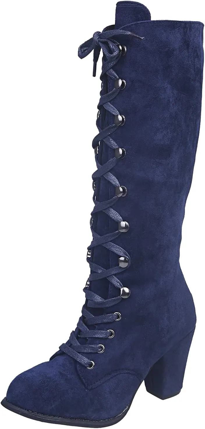 Knee High Boots for Women Chunky Heel Boots Medieval Victorian Boots Lace Up Mid Calf Boots Goth Cosplay Costume