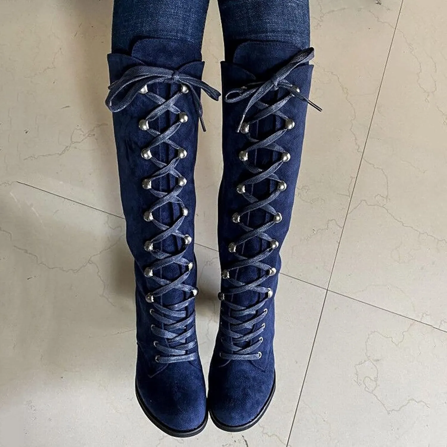 Knee High Boots for Women Chunky Heel Boots Medieval Victorian Boots Lace Up Mid Calf Boots Goth Cosplay Costume