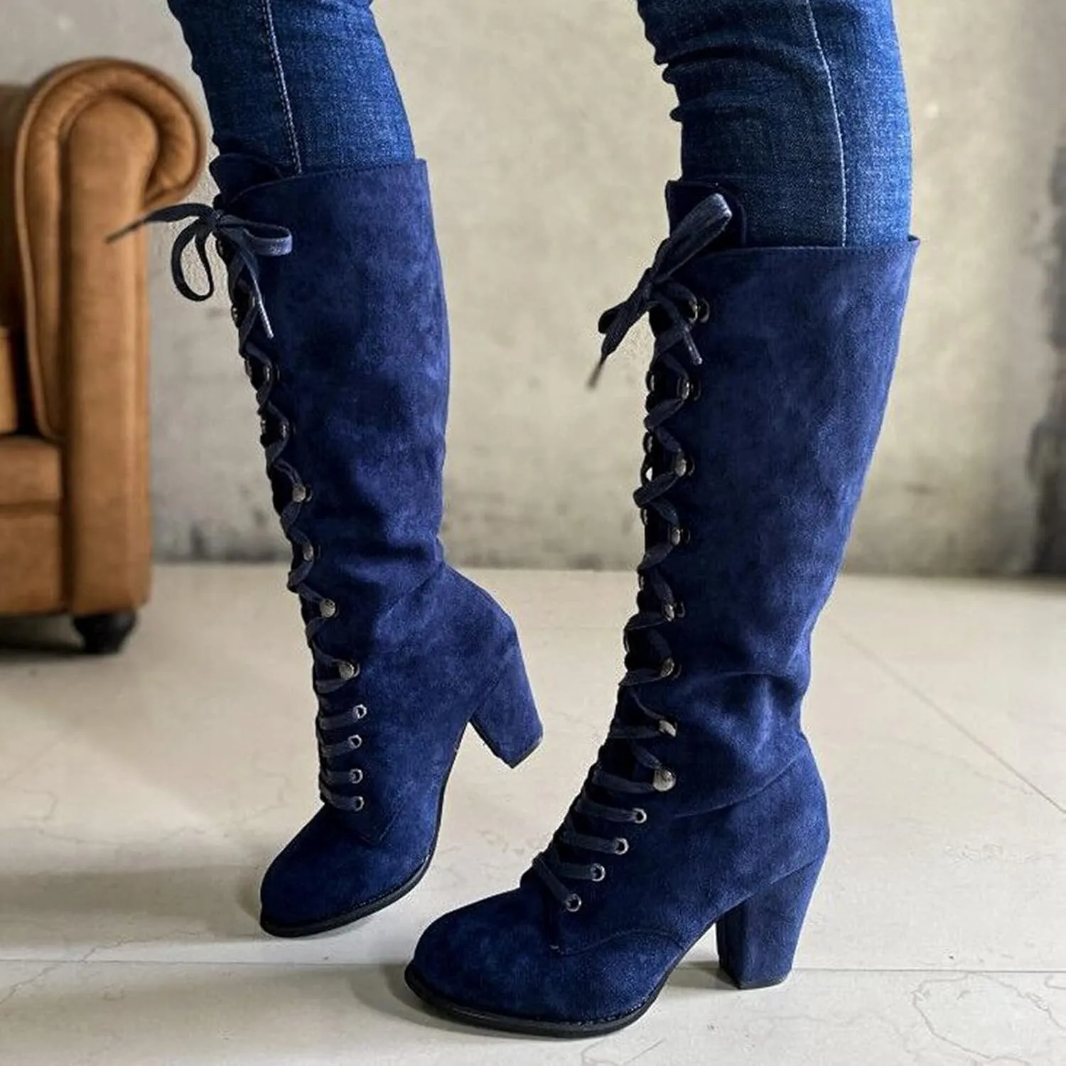 Knee High Boots for Women Chunky Heel Boots Medieval Victorian Boots Lace Up Mid Calf Boots Goth Cosplay Costume