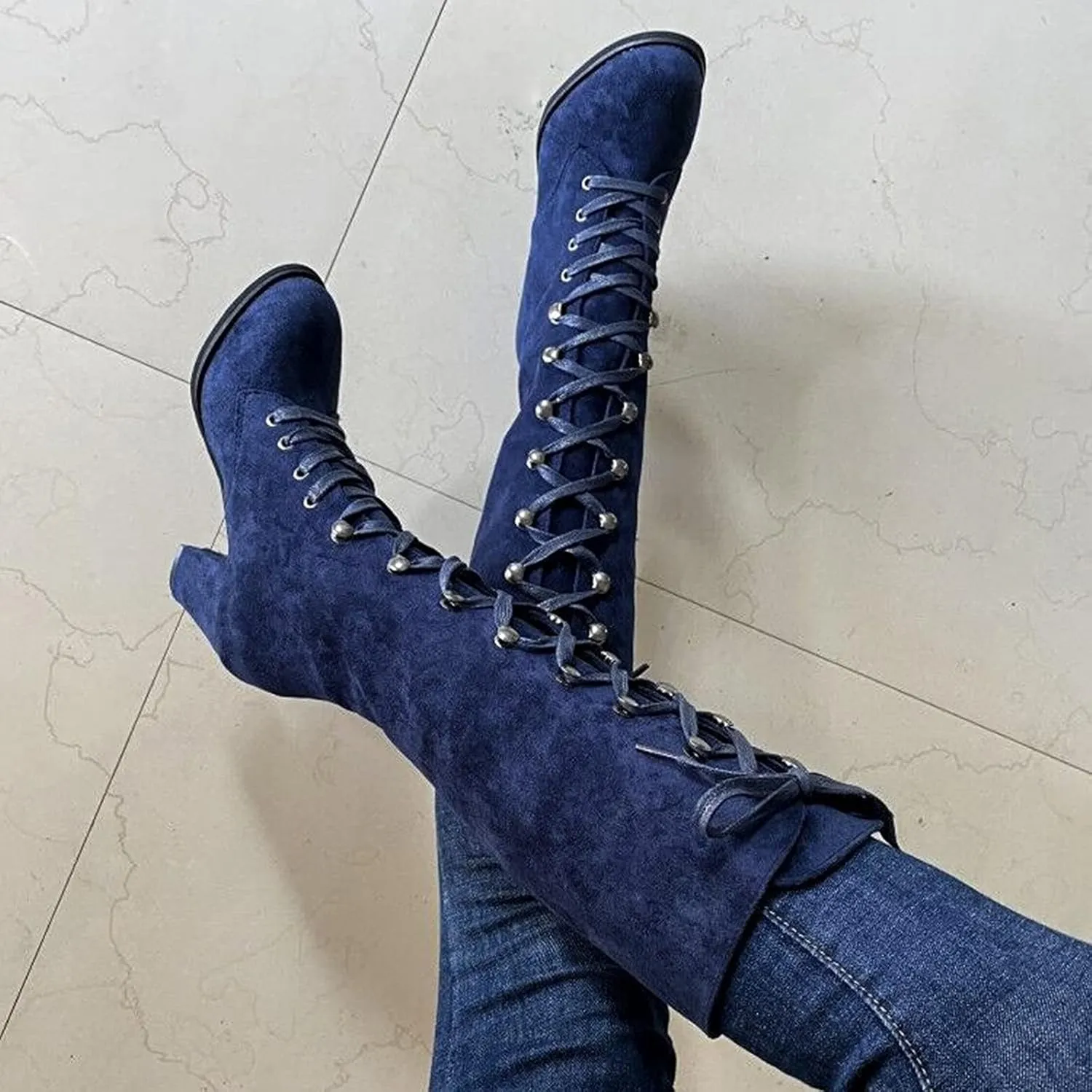 Knee High Boots for Women Chunky Heel Boots Medieval Victorian Boots Lace Up Mid Calf Boots Goth Cosplay Costume