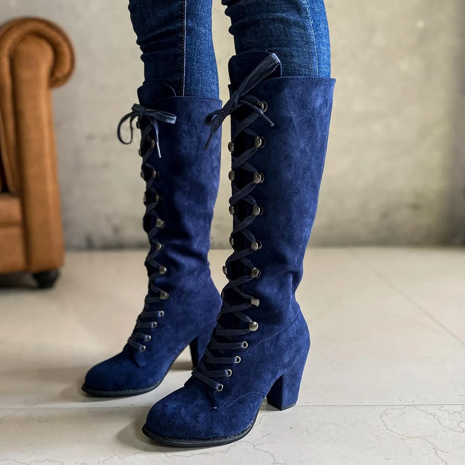 Knee High Boots for Women Chunky Heel Boots Medieval Victorian Boots Lace Up Mid Calf Boots Goth Cosplay Costume