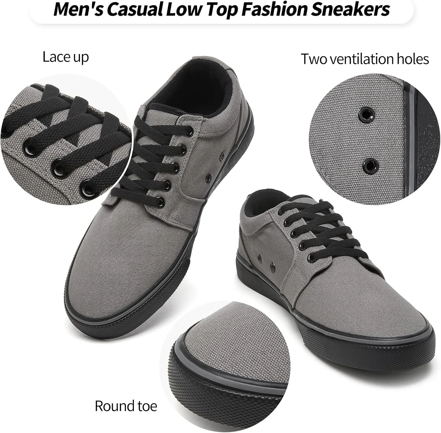 kufeiti Men's Canvas Black Casual Shoes Sneakers Low Top Lace Up Walking Shoes Sneakers for Men