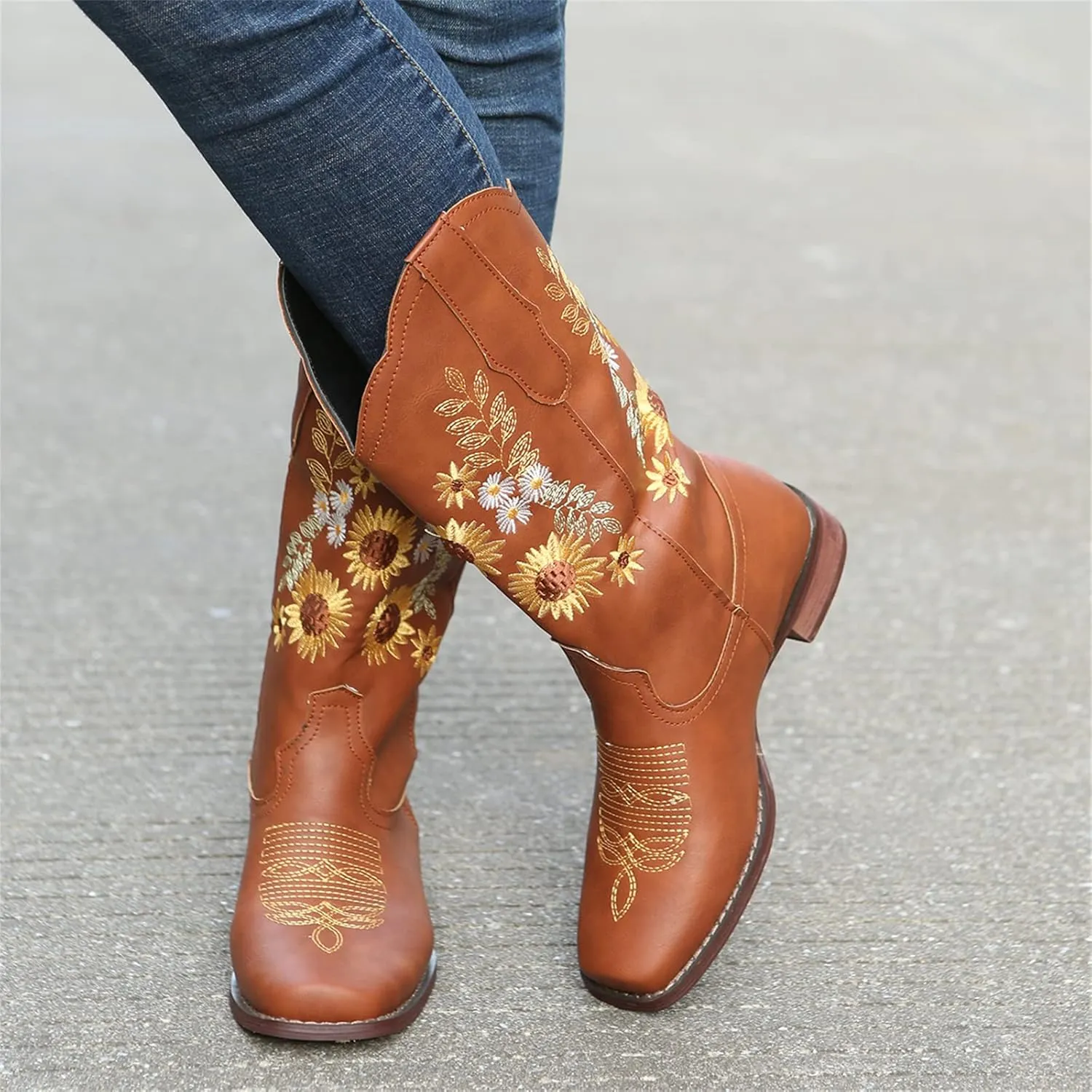 Ladmiple Cowboy Boots For Women Mid Calf Cowgirl Western Boots Sunflower Embroidery Boots for Ladies, Party and Outdoor