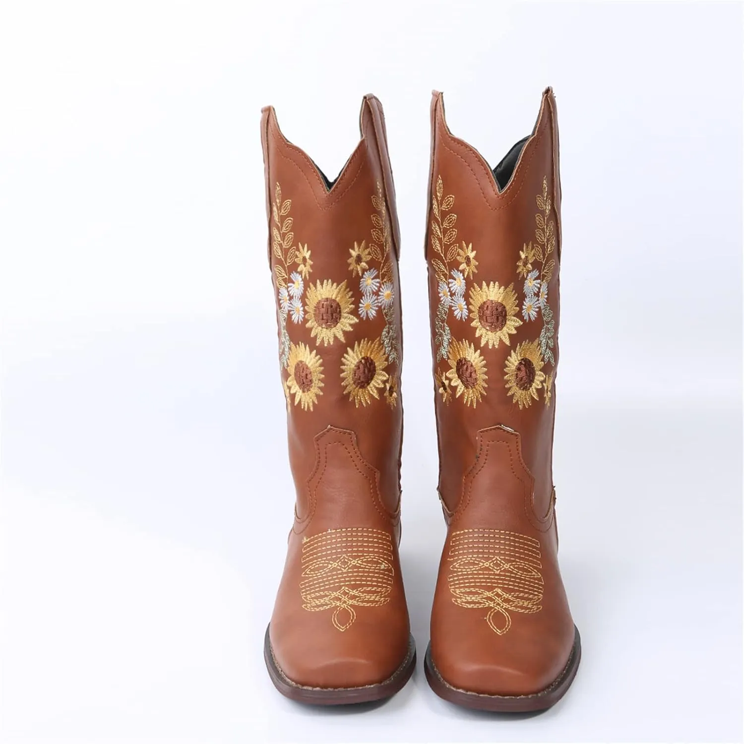 Ladmiple Cowboy Boots For Women Mid Calf Cowgirl Western Boots Sunflower Embroidery Boots for Ladies, Party and Outdoor