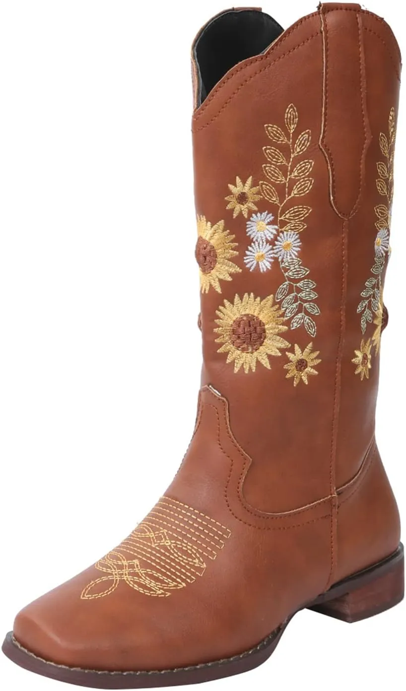 Ladmiple Cowboy Boots For Women Mid Calf Cowgirl Western Boots Sunflower Embroidery Boots for Ladies, Party and Outdoor