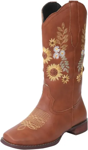 Ladmiple Cowboy Boots For Women Mid Calf Cowgirl Western Boots Sunflower Embroidery Boots for Ladies, Party and Outdoor
