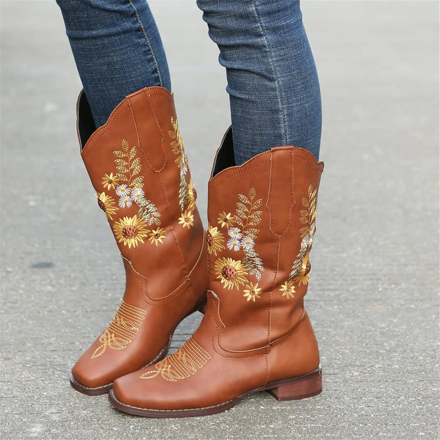 Ladmiple Cowboy Boots For Women Mid Calf Cowgirl Western Boots Sunflower Embroidery Boots for Ladies, Party and Outdoor