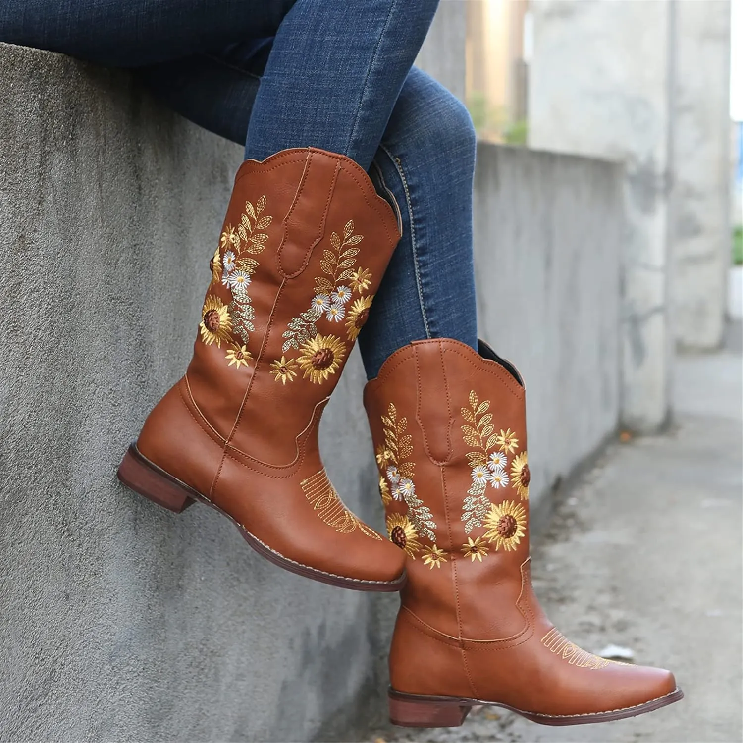 Ladmiple Cowboy Boots For Women Mid Calf Cowgirl Western Boots Sunflower Embroidery Boots for Ladies, Party and Outdoor