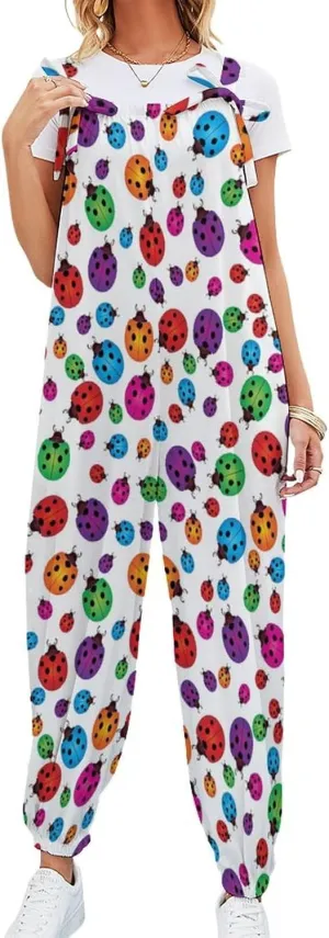 Ladybug Jumpsuit Womans Slings Overalls Suspenders Loose Bow Straps Suspender Jumpsuits Casual Rompers With Pocket