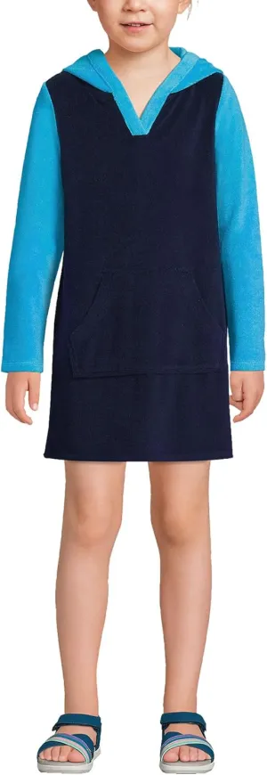 Lands' End G Terry Kangaroo Cover Up Deep Sea Navy Colorblock Kids Medium