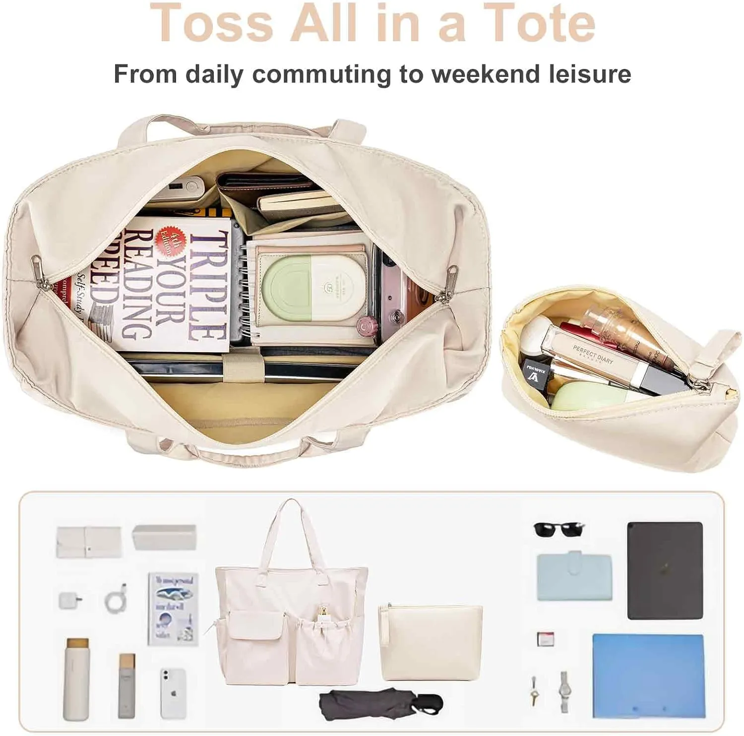 LEDAOU Beach Bag for Women Waterproof Sandproof Tote Bag Pool Bag with Zipper for Gym Shopping Travel with Wet Pocket