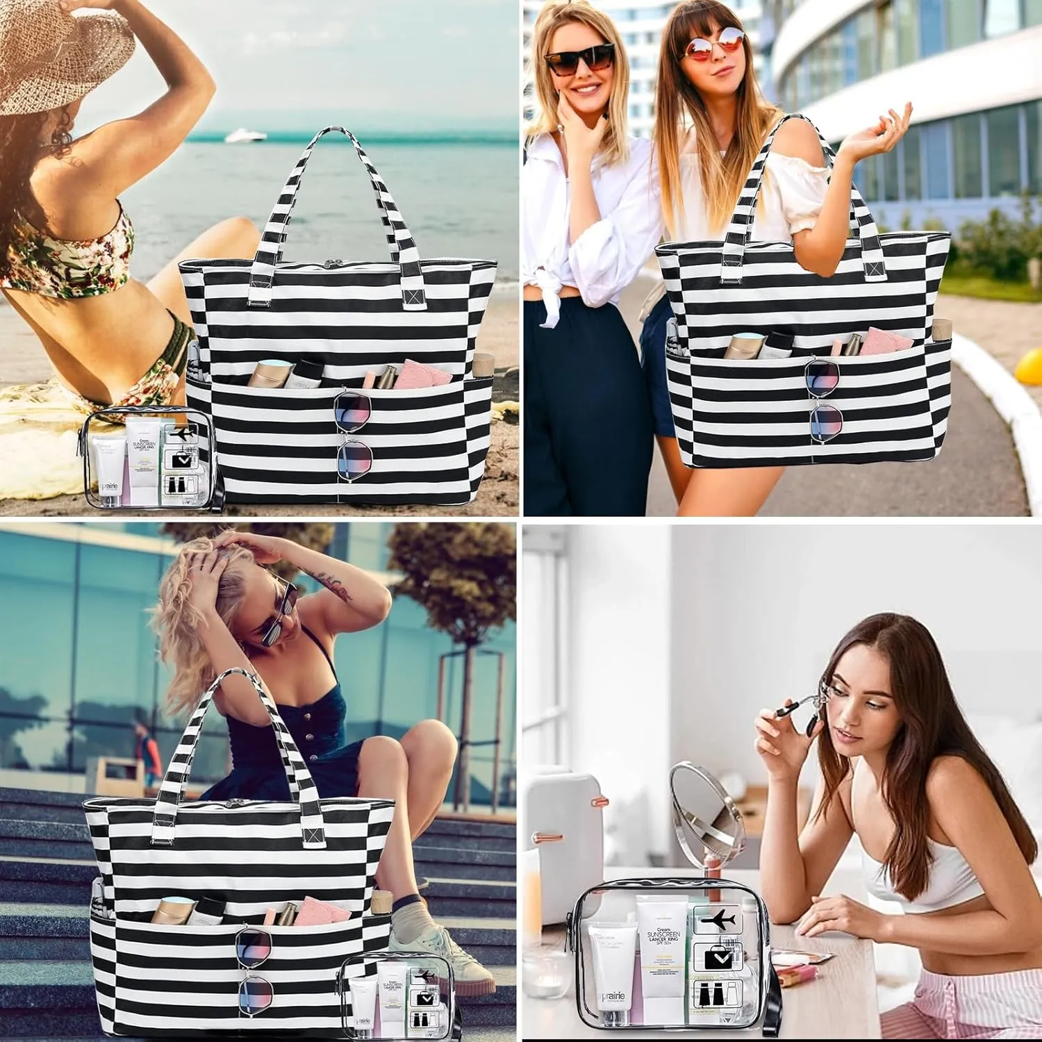 LEDAOU Beach Bag for Women Waterproof Sandproof Tote Bag Pool Bag with Zipper for Gym Shopping Travel with Wet Pocket