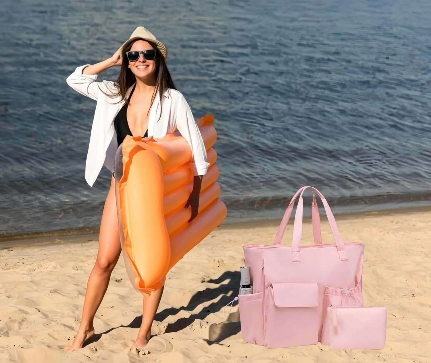 LEDAOU Beach Bag for Women Waterproof Sandproof Tote Bag Pool Bag with Zipper for Gym Shopping Travel with Wet Pocket