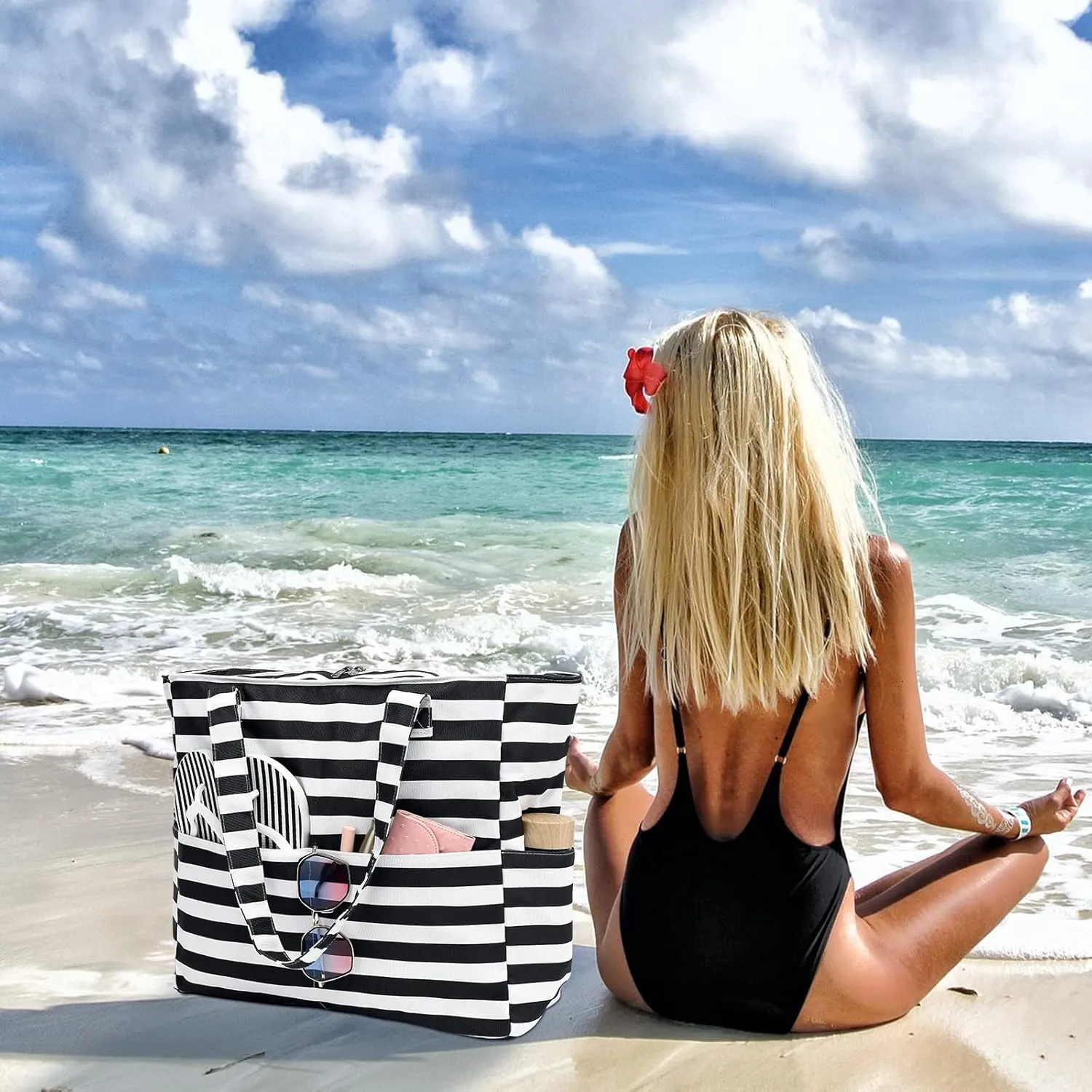 LEDAOU Beach Bag for Women Waterproof Sandproof Tote Bag Pool Bag with Zipper for Gym Shopping Travel with Wet Pocket