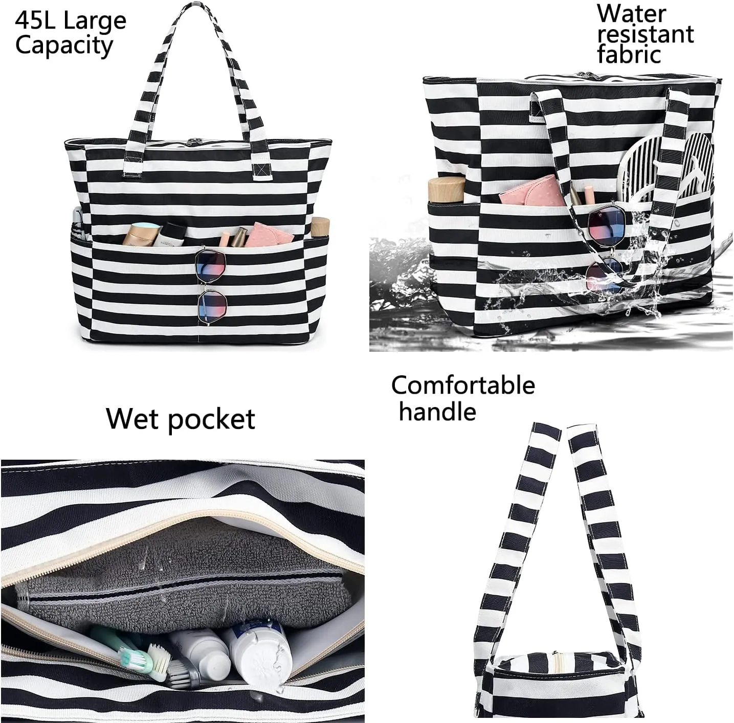 LEDAOU Beach Bag for Women Waterproof Sandproof Tote Bag Pool Bag with Zipper for Gym Shopping Travel with Wet Pocket