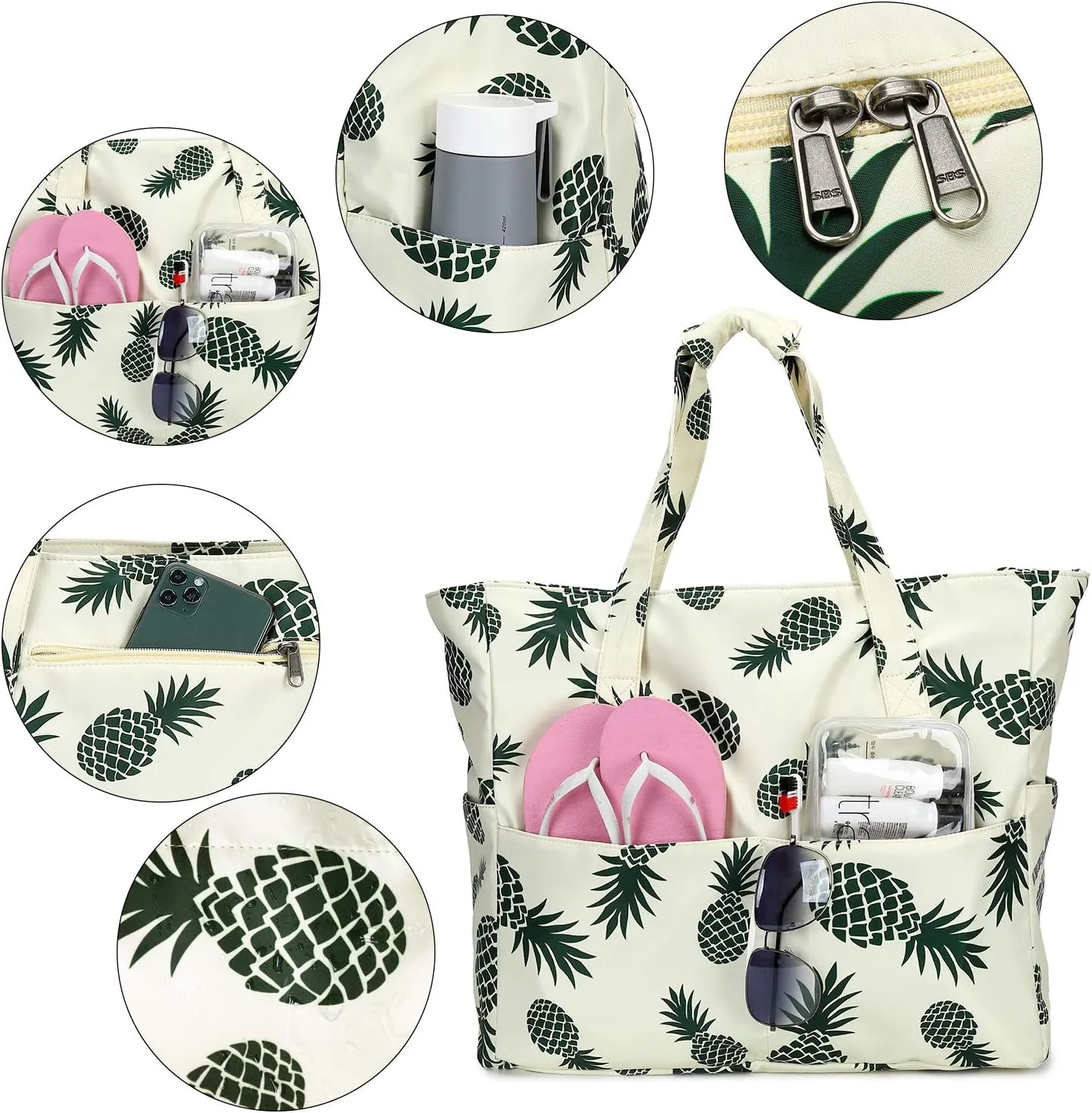 LEDAOU Beach Bag for Women Waterproof Sandproof Tote Bag Pool Bag with Zipper for Gym Shopping Travel with Wet Pocket