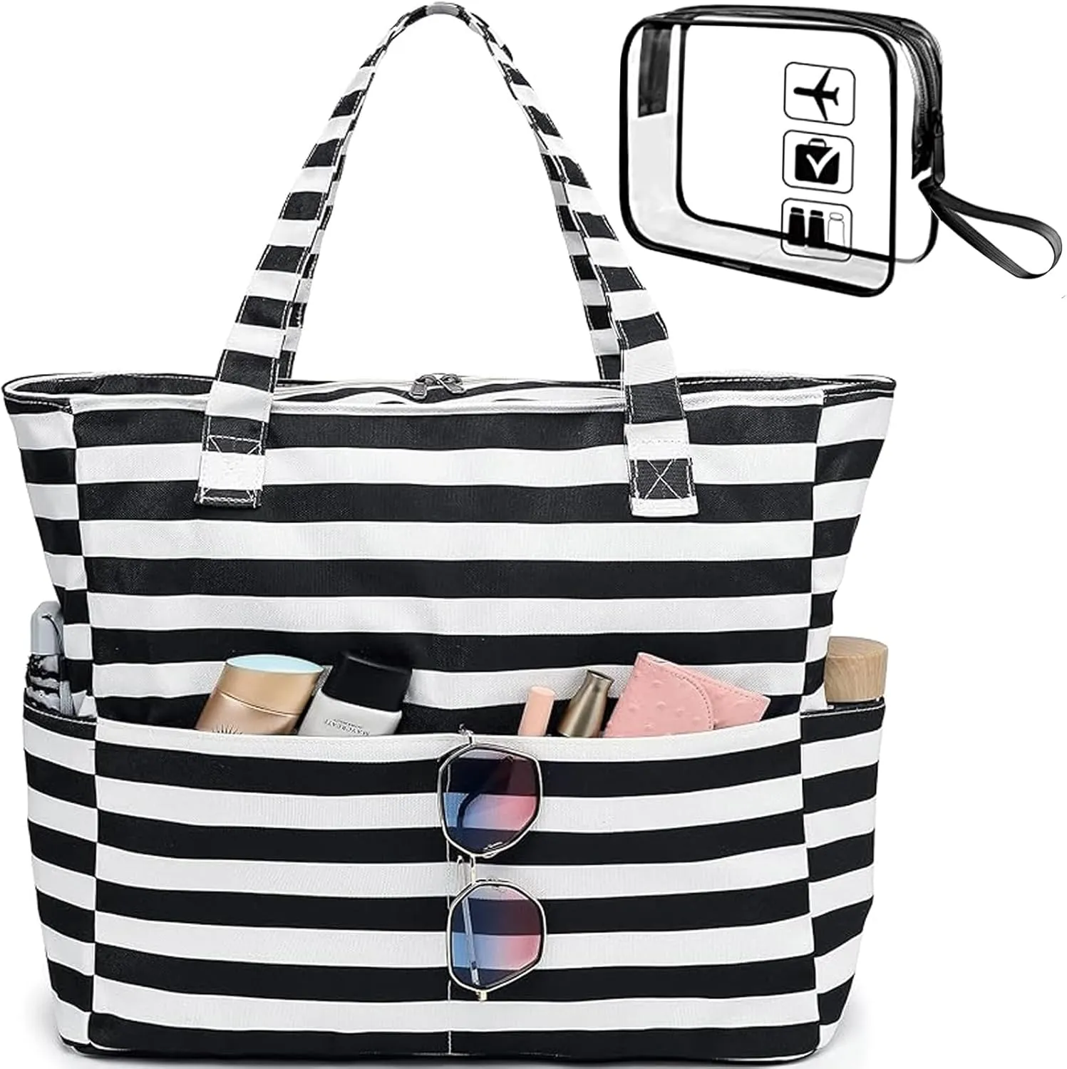 LEDAOU Beach Bag for Women Waterproof Sandproof Tote Bag Pool Bag with Zipper for Gym Shopping Travel with Wet Pocket