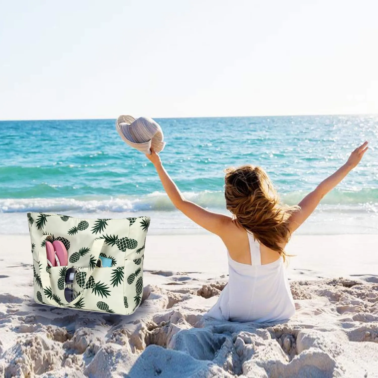 LEDAOU Beach Bag for Women Waterproof Sandproof Tote Bag Pool Bag with Zipper for Gym Shopping Travel with Wet Pocket