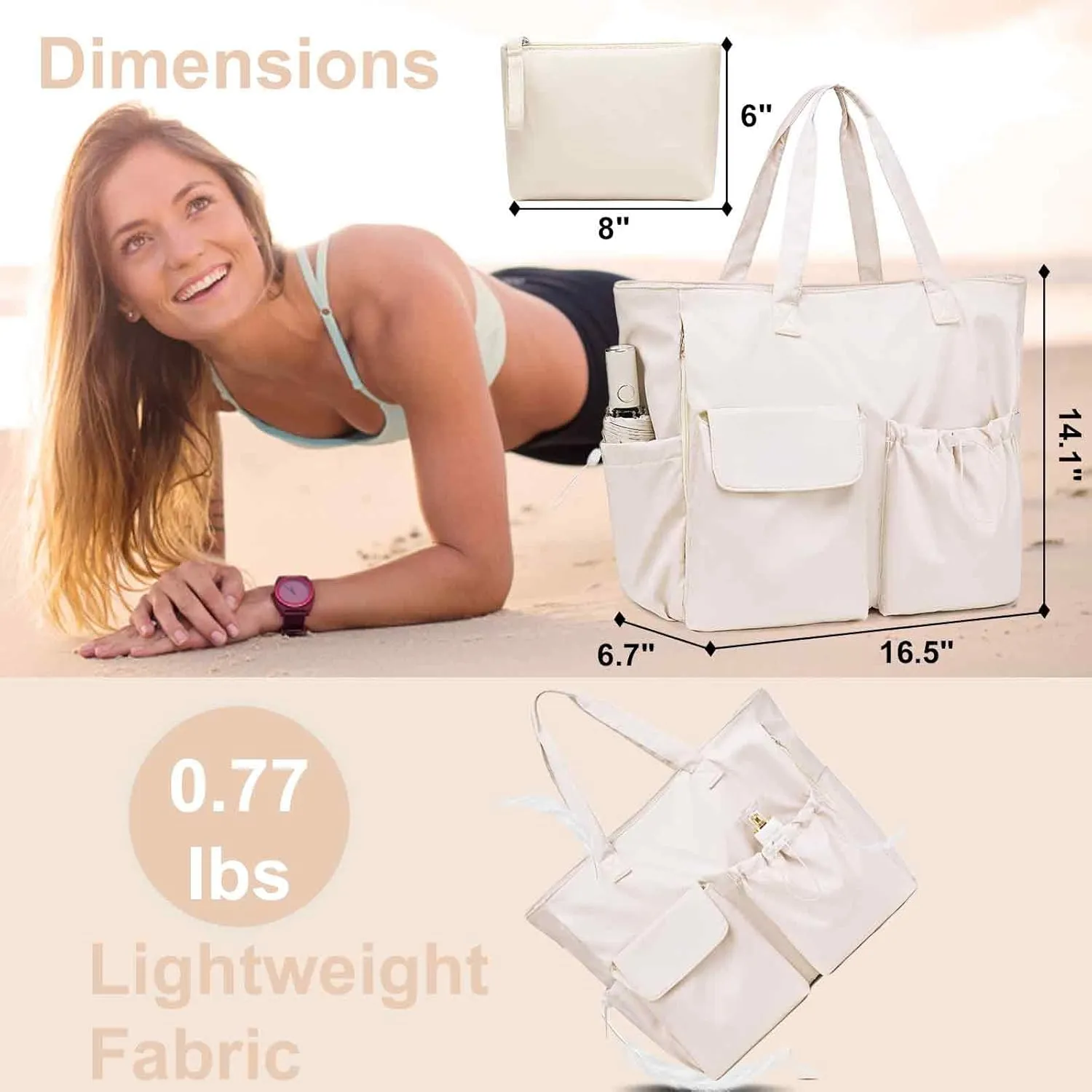 LEDAOU Beach Bag for Women Waterproof Sandproof Tote Bag Pool Bag with Zipper for Gym Shopping Travel with Wet Pocket