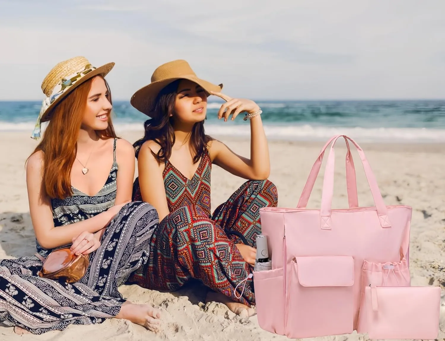 LEDAOU Beach Bag for Women Waterproof Sandproof Tote Bag Pool Bag with Zipper for Gym Shopping Travel with Wet Pocket