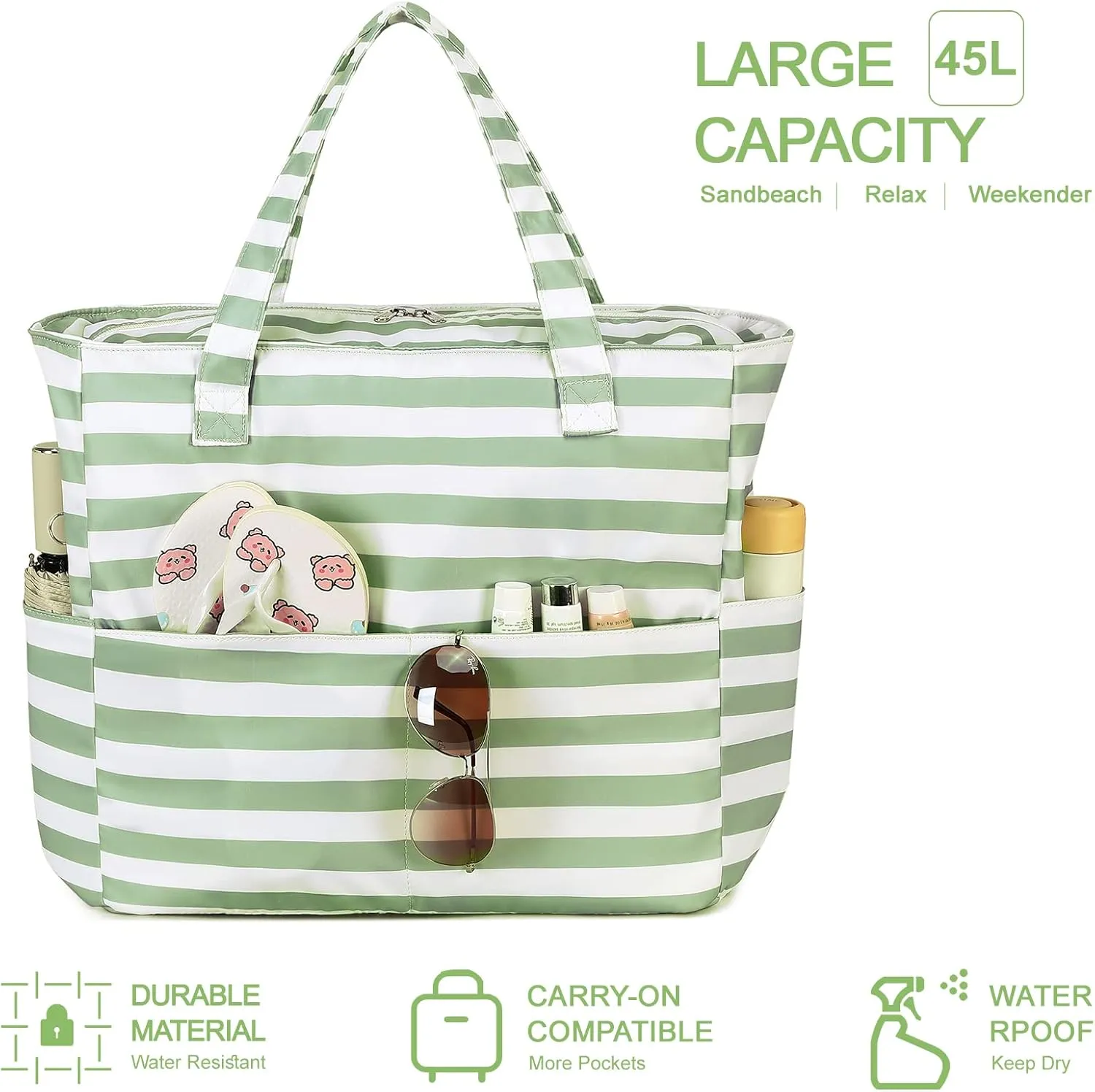LEDAOU Beach Bag Waterproof Sandproof Women Tote Bag Pool Bag with Zipper for Gym Grocery Travel with Wet Pocket