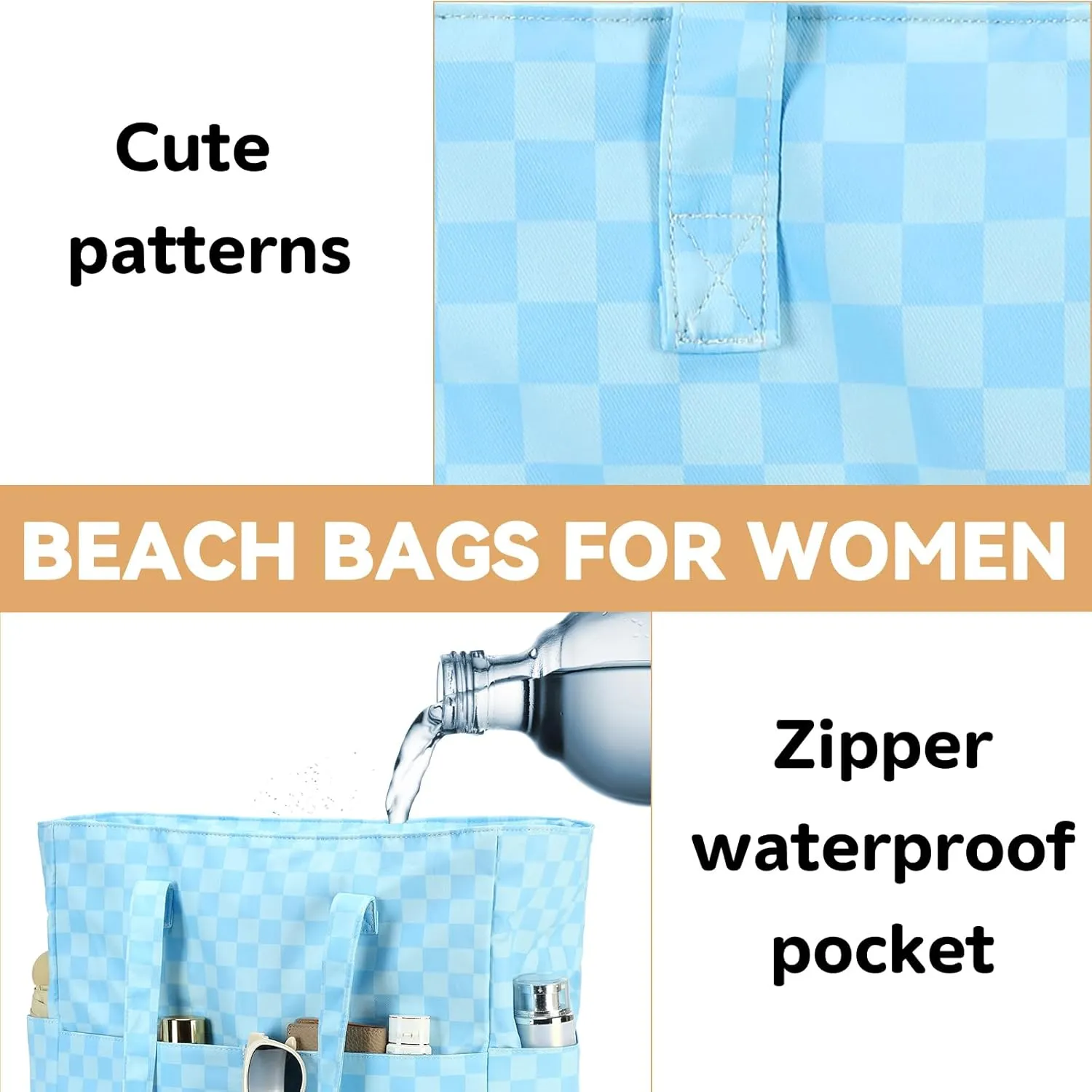 LEDAOU Beach Bag Waterproof Sandproof Women Tote Bag Pool Bag with Zipper for Gym Grocery Travel with Wet Pocket