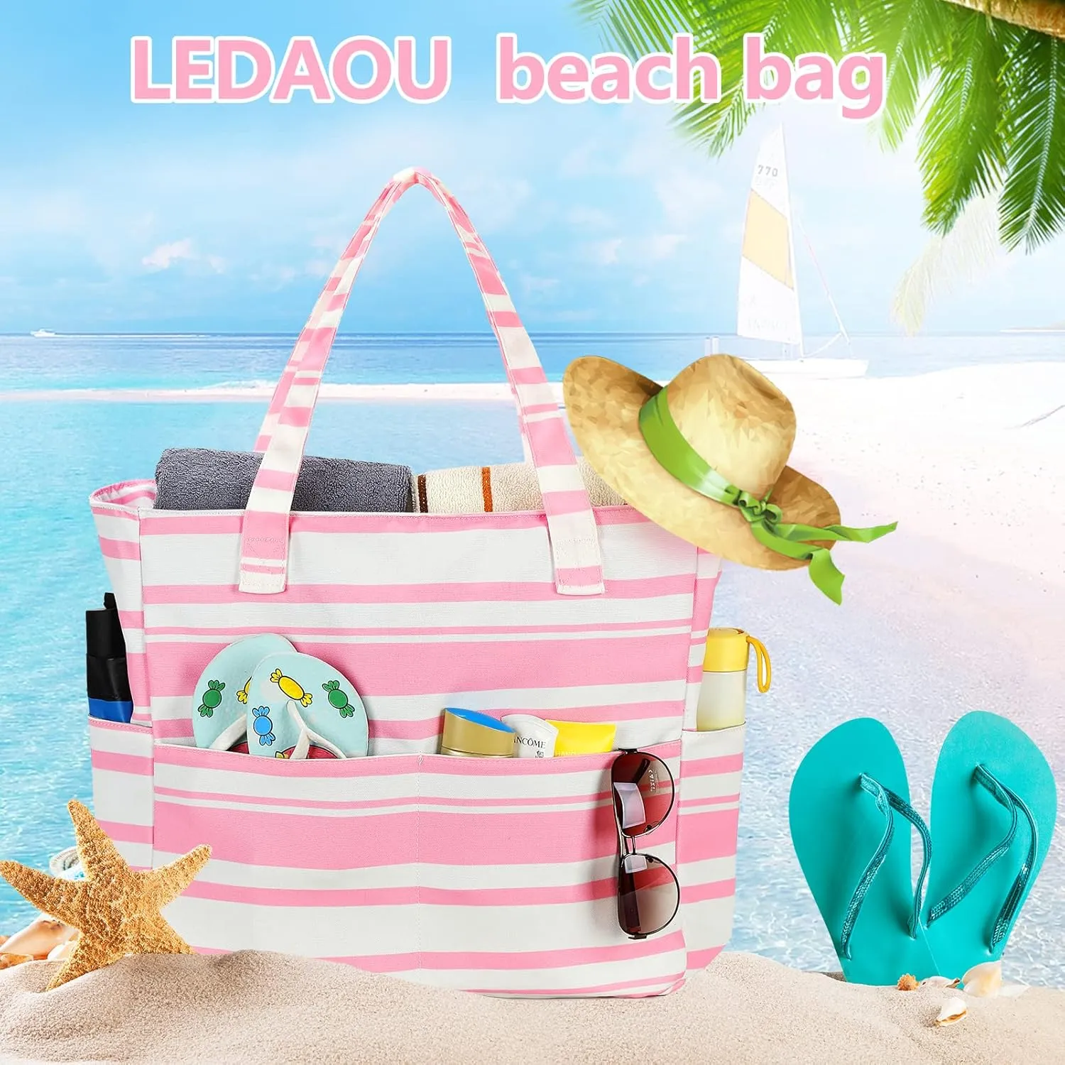 LEDAOU Beach Bag Waterproof Sandproof Women Tote Bag Pool Bag with Zipper for Gym Grocery Travel with Wet Pocket